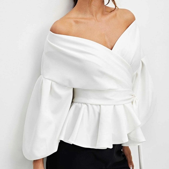 Luxe White Off Shoulder Sexy Balloon Sleeve Blouse - Picture 8 of 9